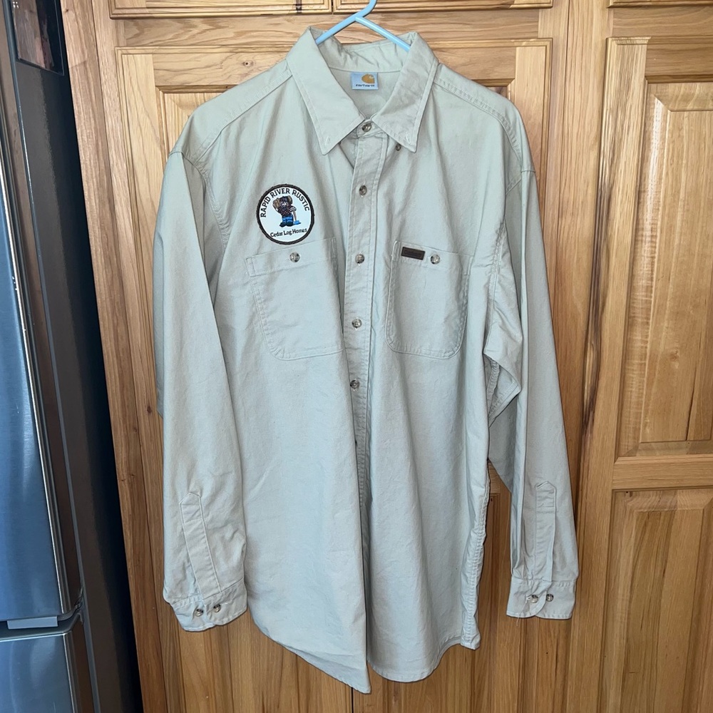 VNTG Carhartt Rapid River Rustic Homes denim button down